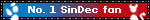 Blinkie that reads 'number 1 sindec fan', with a blue to red gradient for a background and a little demon figure on the side.