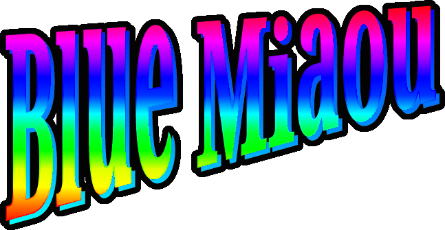 Large rainbow text that reads 'Blue Miaou'.